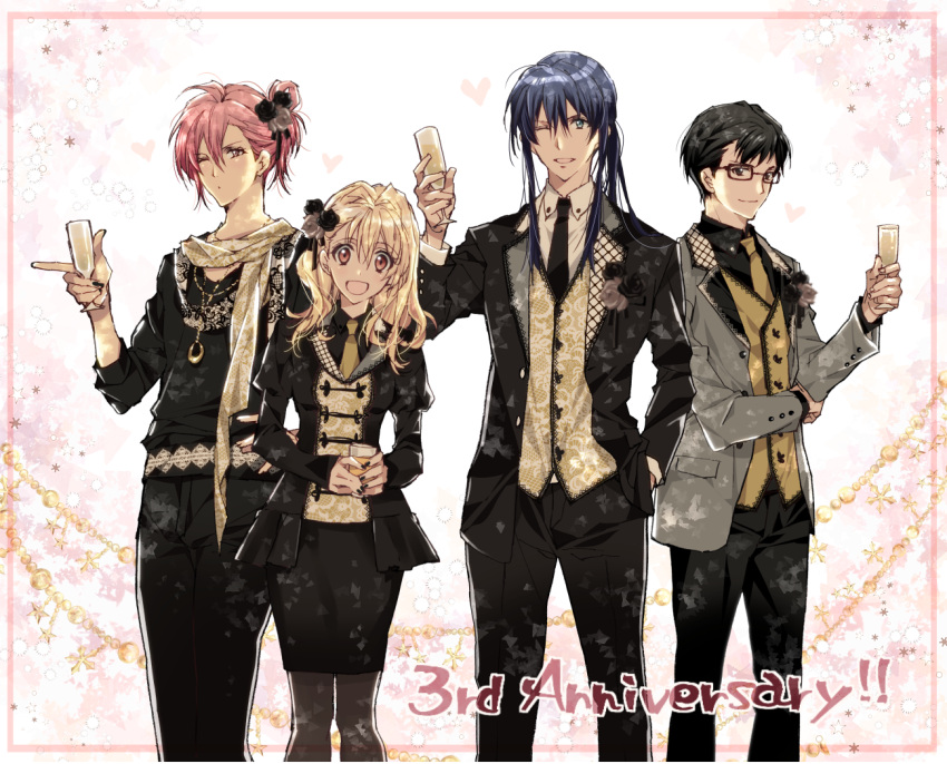 1girl, 3boys, ;o, alcohol, androgynous, anesagi_kaoru, anniversary, armband