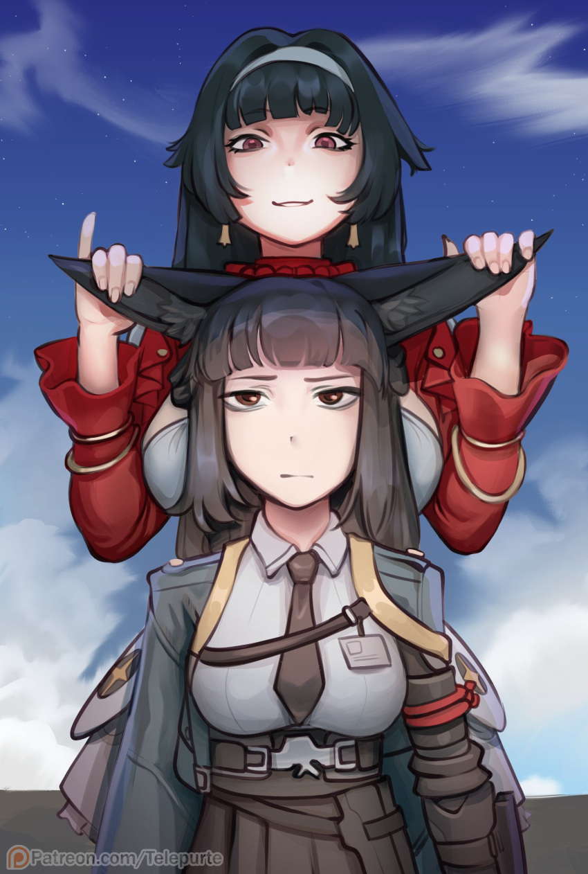 2girls, absurdres, animal_ear_fluff, animal_ears, astra_yao, black_hair, black_necktie, black_skirt