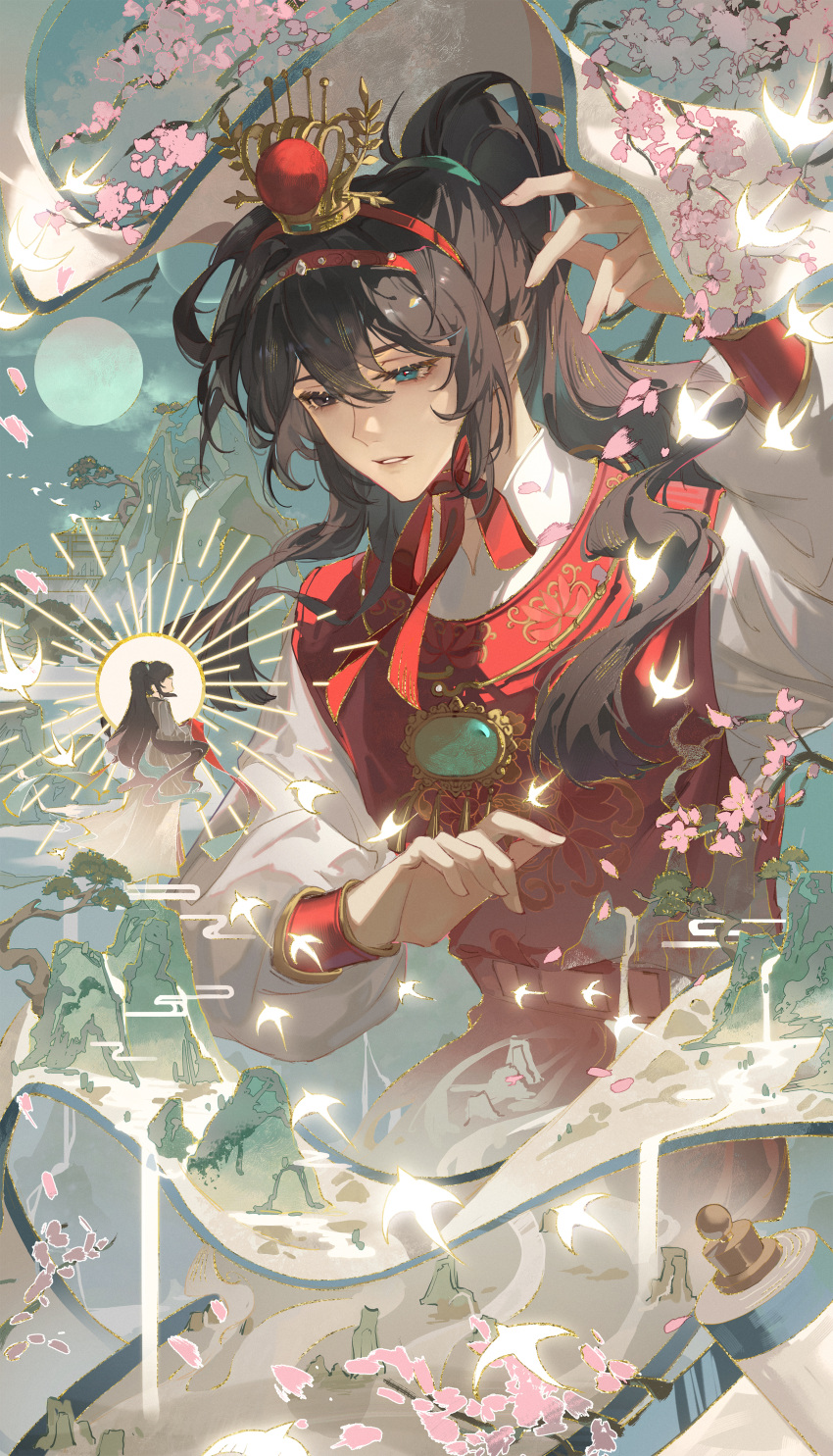 2boys, absurdres, aqua_eyes, aqua_gemstone, architecture, arm_up, belt, black_eyes