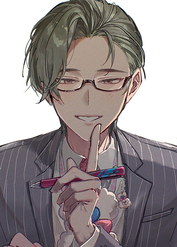 1boy, asymmetrical_bangs, black-framed_eyewear, black_hair, blush, breast_pocket, collared_shirt, commentary_request