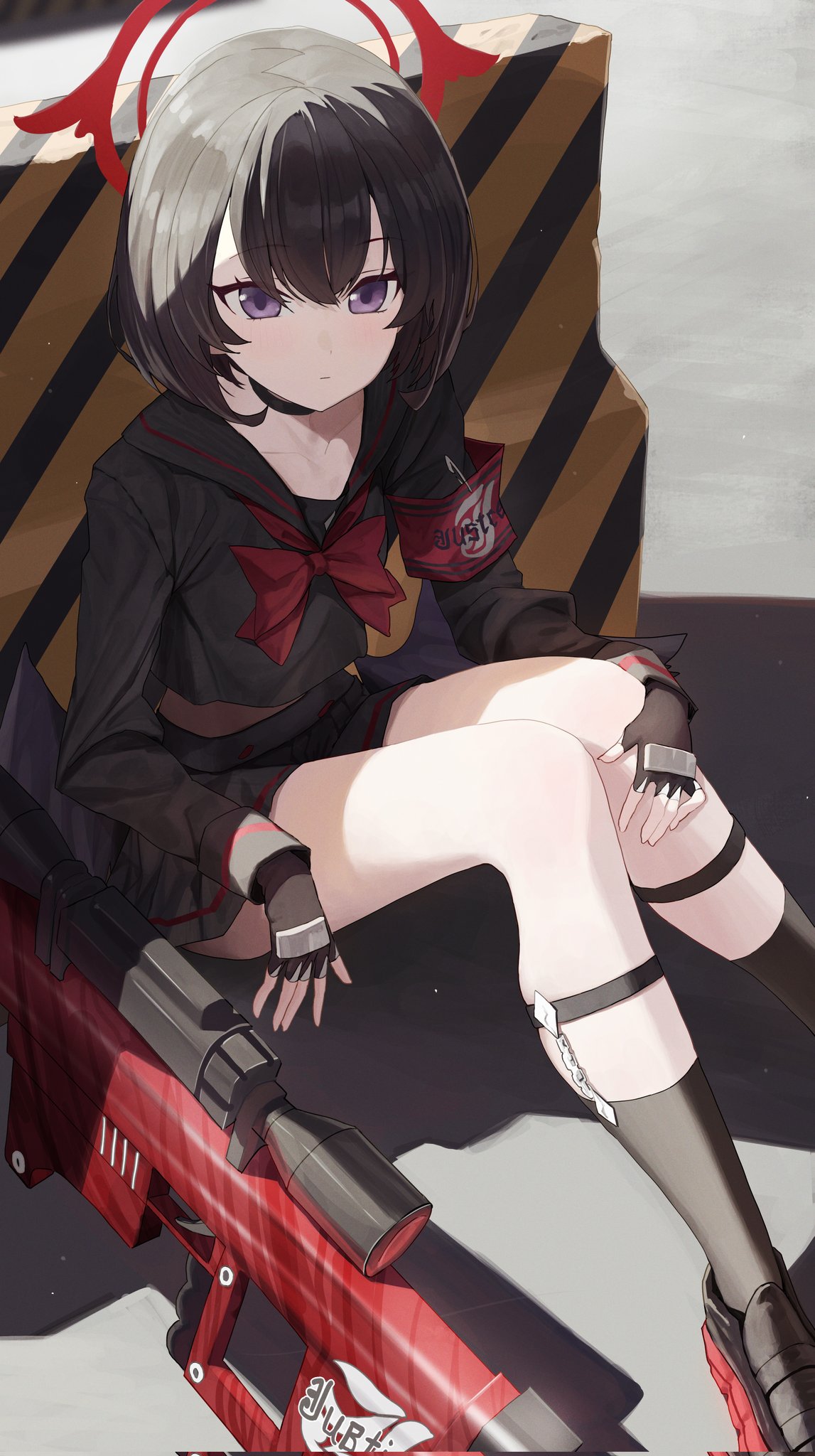 1girl, anti-materiel_rifle, anzio_ironworks_20mm_rifle, armband, barricade, black_gloves, black_hair, black_serafuku