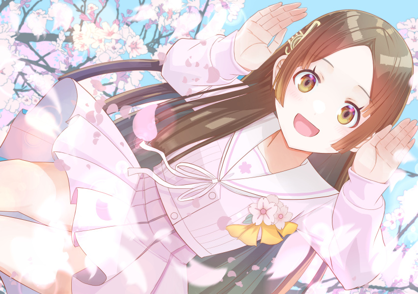 0niq, 1girl, brown_hair, cherry_blossoms, commentary_request, dutch_angle, falling_petals, gakuen_idolmaster