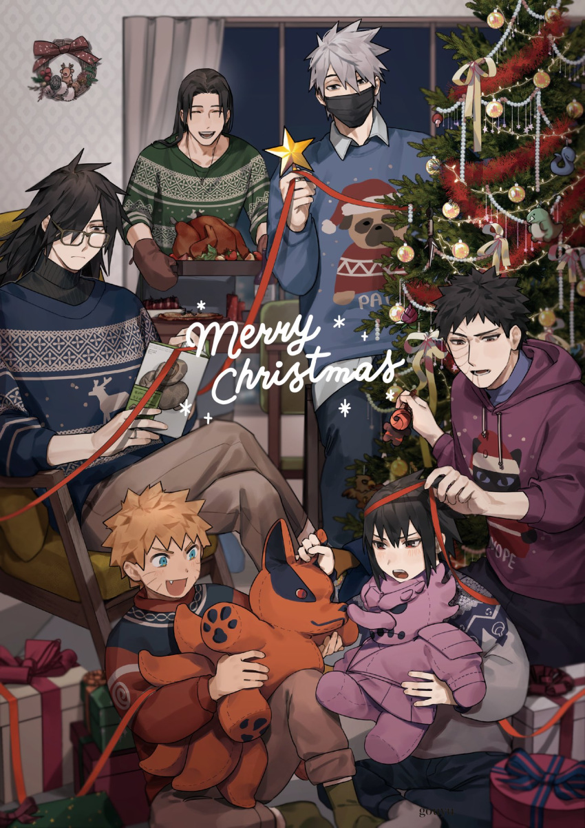 6+boys, animal_print, black_hair, blonde_hair, blue_eyes, box, brown_hair, chair