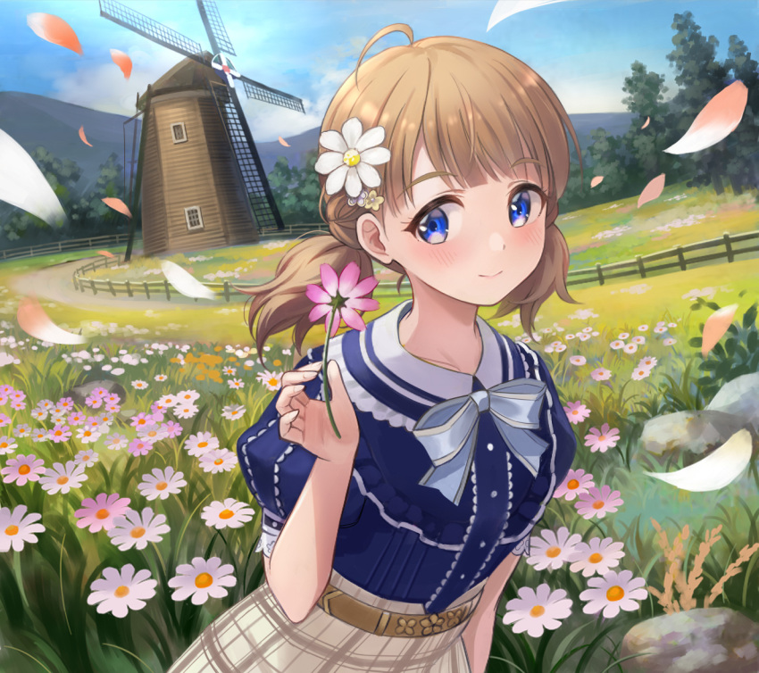 1girl, ahoge, blue_bow, blue_bowtie, blue_eyes, blue_shirt, blue_sky, blush