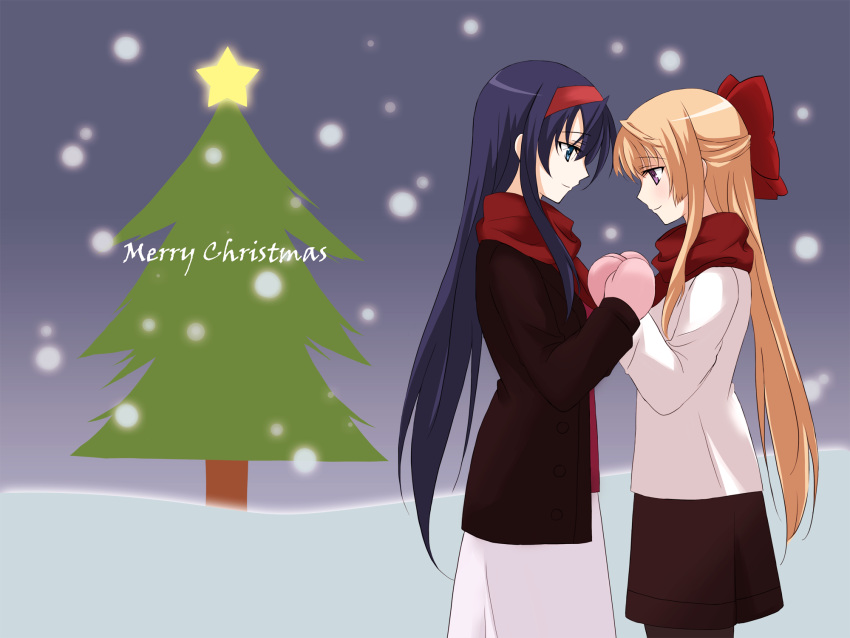 blonde_hair, blue_eyes, blush, christmas_tree, highres, himemiya_chikane, holding_hands, kanata_(sentiment)