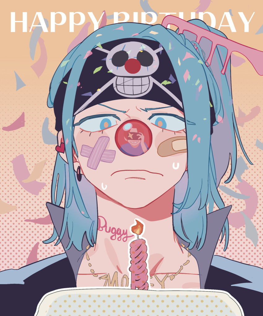 2boys, bandaid, bandaid_on_cheek, bandaid_on_face, birthday_cake, black_shirt, blue_eyes, blue_hair