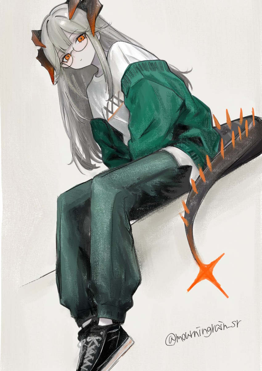 1girl, arknights, black_horns, black_tail, brown_horns, cardigan, closed_mouth, commentary