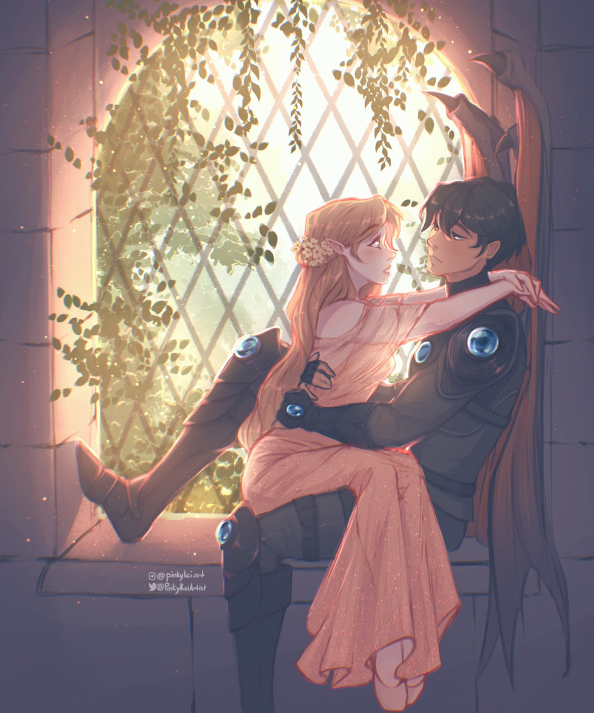 1boy, 1girl, absurdres, arm_around_neck, armor, azriel_(acotar), bat_wings, black_armor