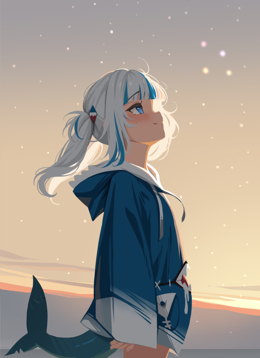 1girl, animal_costume, beach, blue_eyes, blue_hoodie, blue_streaks, blunt_bangs, closed_mouth