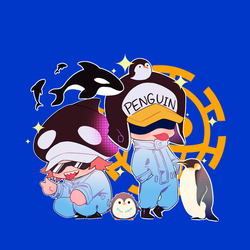 2boys, :p, animal, animal_hat, bird, black_boots, blue_background, boots