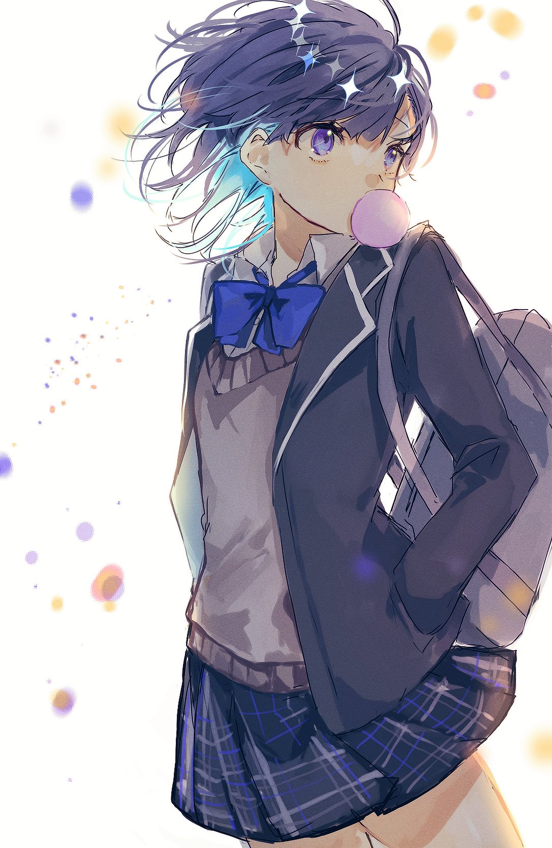 1girl, bag, blue_bow, blue_bowtie, blue_eyes, bow, bowtie, bubble