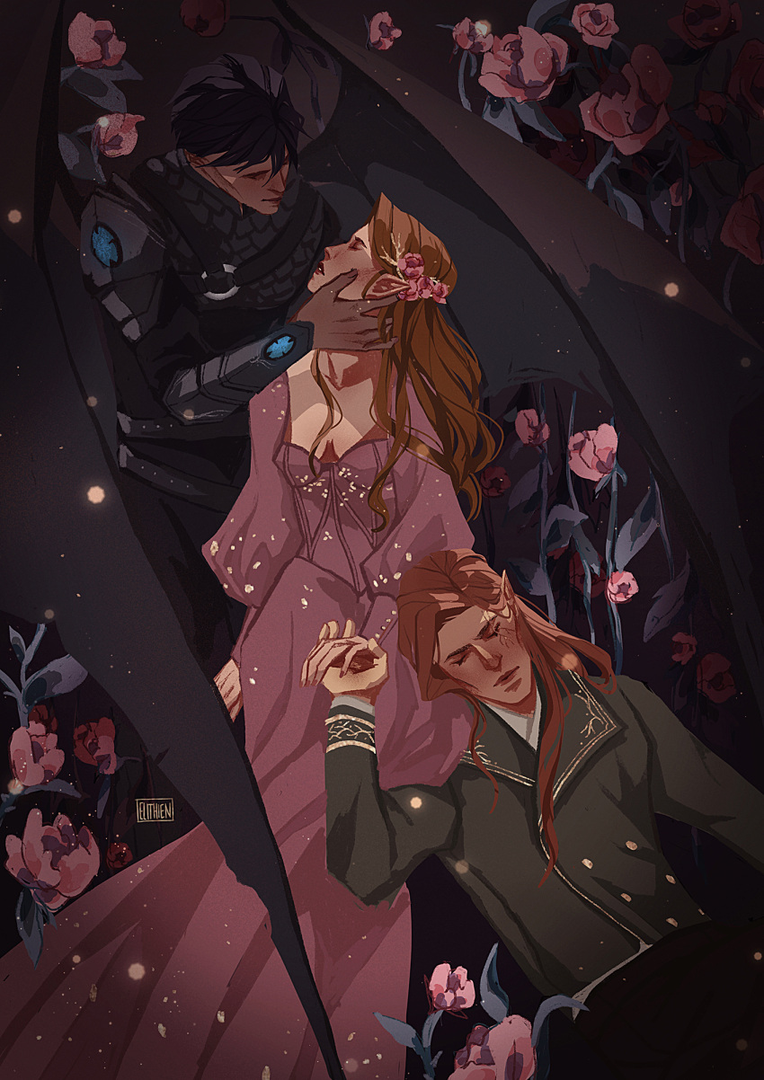 1girl, 2boys, a_court_of_thorns_and_roses_(series), armor, artist_logo, artist_name, azriel_(acotar), bat_wings