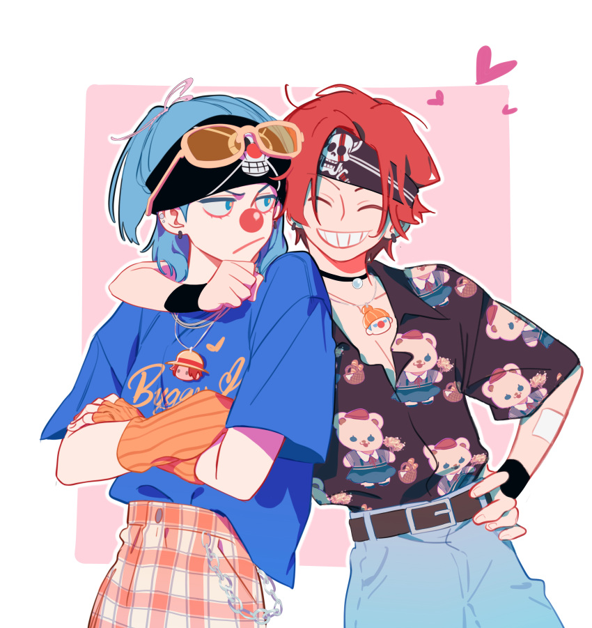 2boys, :/, ^_^, absurdres, aged_down, arm_around_neck, belt, belt_buckle
