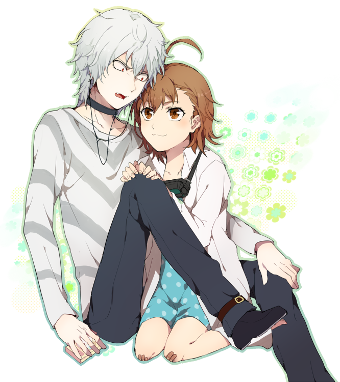accelerator, ahoge, albino, brown_hair, choker, goggles, kneeling, last_order, qp_db, red_eyes, short_hair, to_aru_majutsu_no_index, white_hair