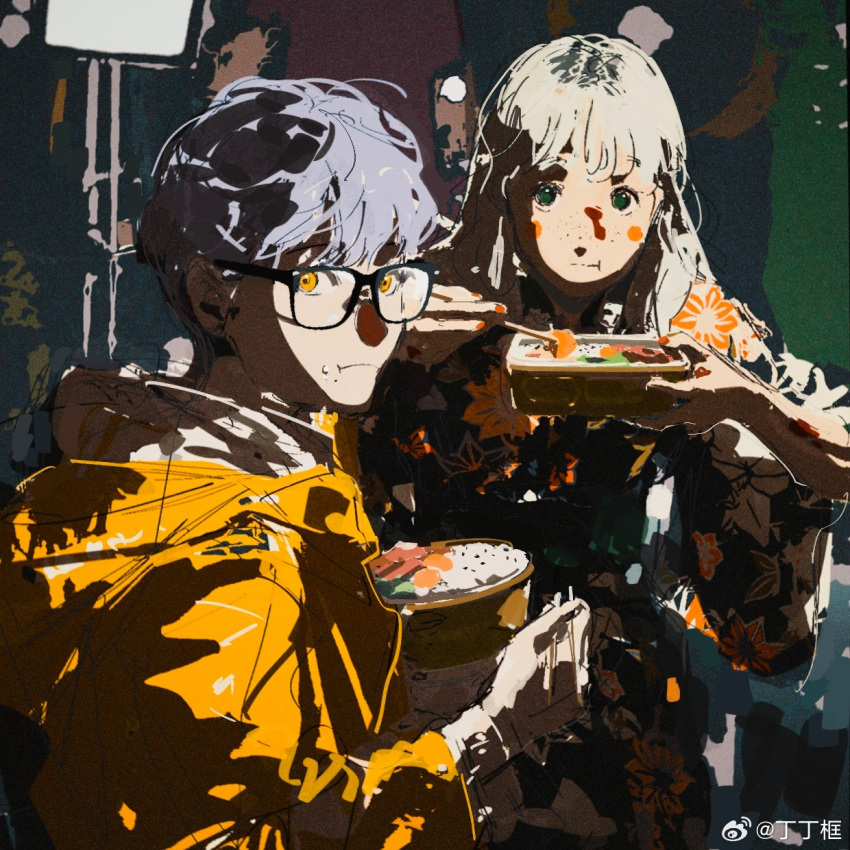 1boy, 1girl, ami_(fusheng_yi_xi), blonde_hair, blue_eyes, chopsticks, eating, food