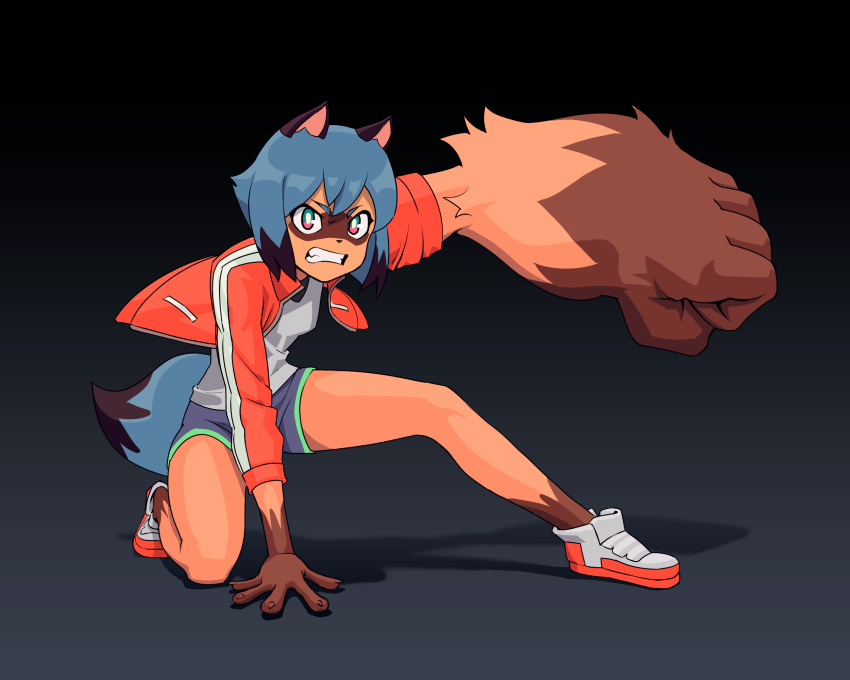 1girl, animal_ears, blue_hair, blue_shorts, brand_new_animal, clenched_teeth, emiladylbekuulu, gorilla_arm