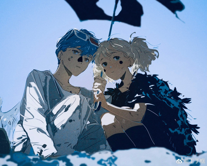 1boy, 1girl, ami_(fusheng_yi_xi), angel_wings, black_socks, blue_hair, eyewear_on_head, fusheng_yi_xi