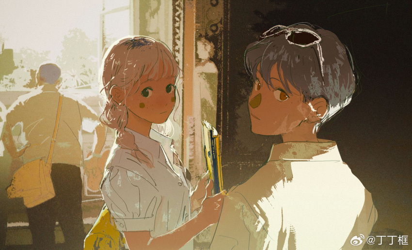 1boy, 1girl, ami_(fusheng_yi_xi), bag, blonde_hair, blue_eyes, book, braid