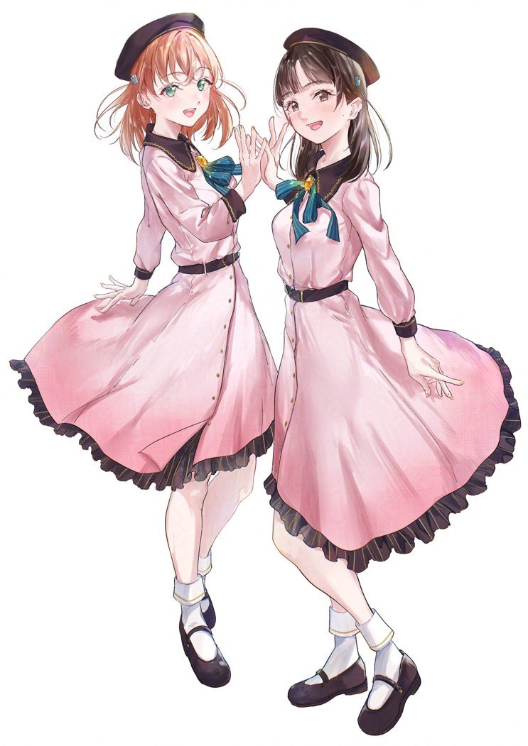 2girls, 4th_live_dream_~bloom_the_dream_believers~, :d, animification, aqua_eyes, beret, black_hair, black_hat