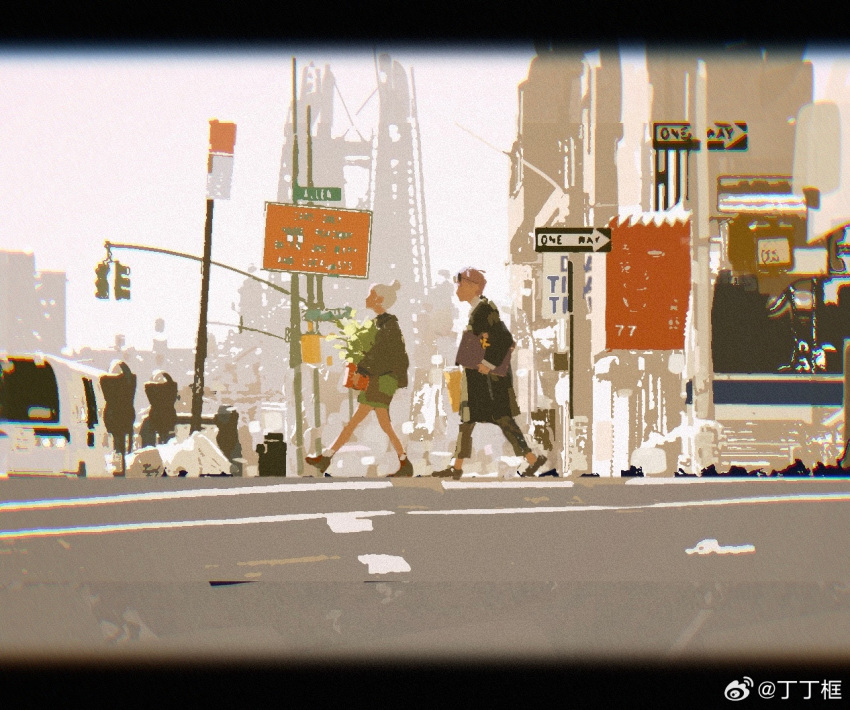 1boy, 1girl, ami_(fusheng_yi_xi), building, bus, city, eyewear_on_head, fusheng_yi_xi