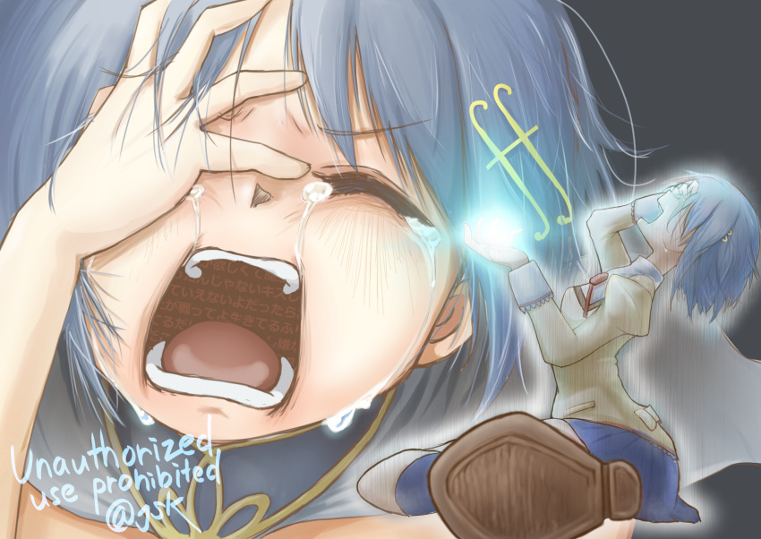 1girl, blue_eyes, closed_eyes, crying, highres, juudo_ni_seiheki_kojireta_madoka_suki, magical_girl, mahou_shoujo_madoka_magica, medium_hair, miki_sayaka, mitakihara_school_uniform, open_mouth, school_uniform, screaming, solo, soul_gem, tearing_up