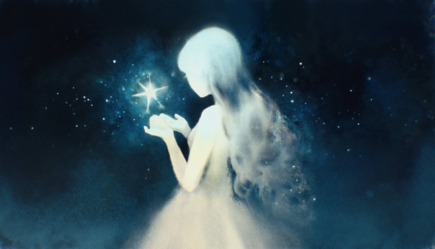 1girl, alicehaundraws, commentary, cupping_hands, dress, english_commentary, from_behind, glowing, glowing_skin, highres, light_particles, long_hair, night, night_sky, open_hands, original, own_hands_together, painting_(medium), sky, star_(symbol), traditional_media, upper_body, watercolor_(medium), white_dress, white_hair
