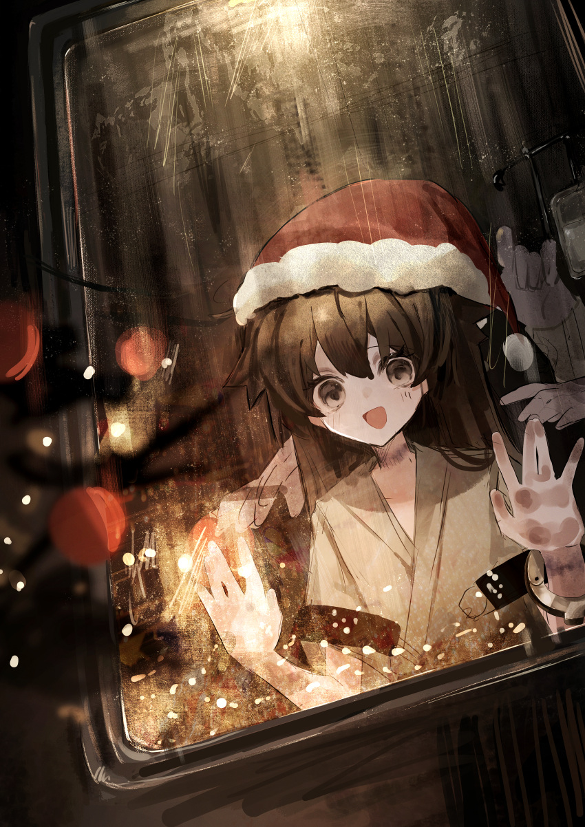 1girl, 1other, :d, absurdres, against_window, asylum_(location), black_hair, christmas