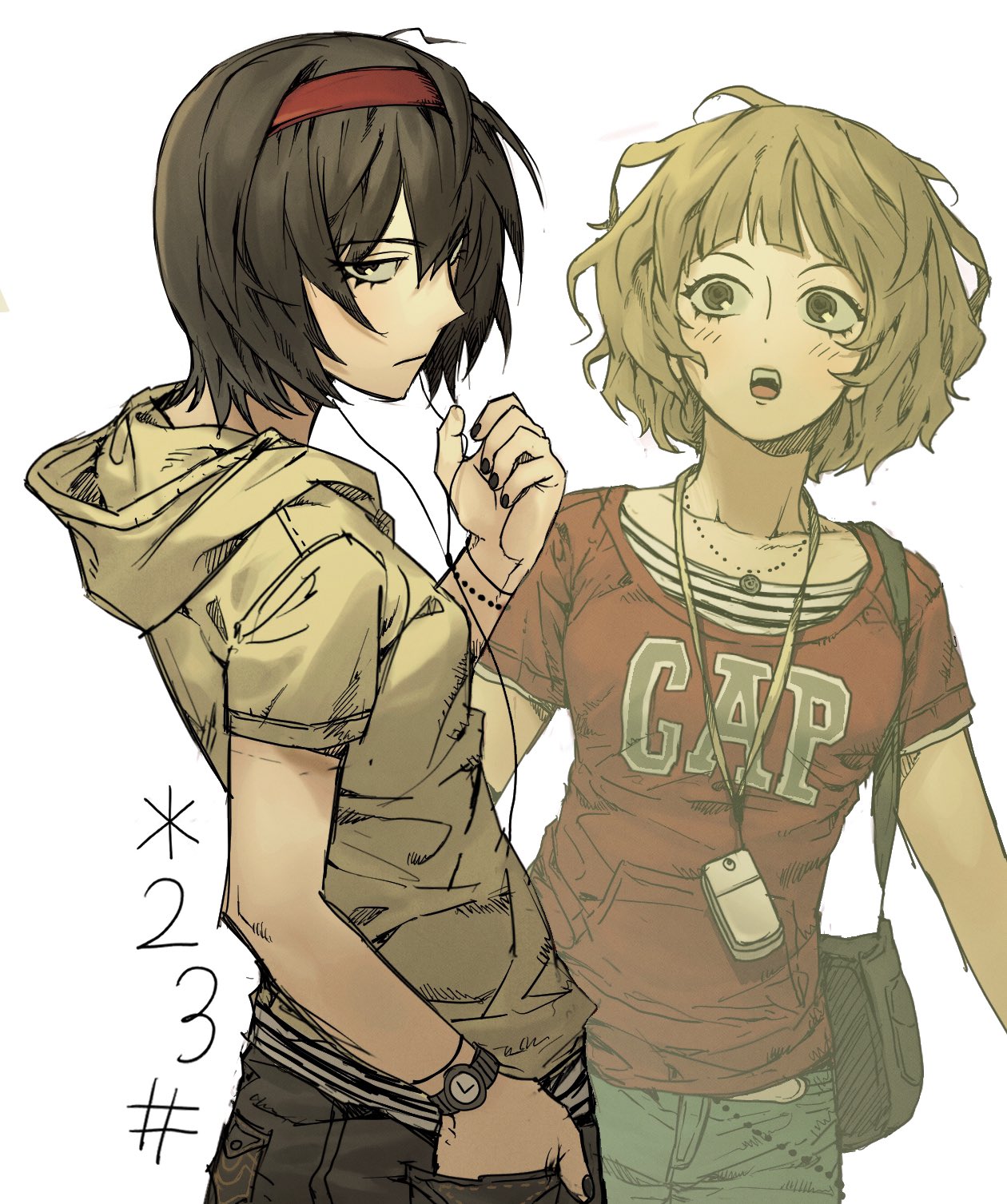 2girls, :o, aseupilin666, bag, black_bag, black_eyes, black_hair, black_nails, black_pants, blue_pants, blush, bracelet, brown_eyes, brown_hair, cellphone, character_request, closed_mouth, copyright_request, denim, earphones, earphones, flip_phone, headband, highres, hood, hood_down, hooded_shirt, jeans, jewelry, light_frown, looking_at_viewer, looking_to_the_side, multiple_girls, necklace, pants, phone, product_placement, red_headband, sanpaku, satchel, shirt, short_hair, short_sleeves, striped_clothes, striped_shirt, watch, watch, wavy_hair, white_background, y2k_fashion, yellow_shirt