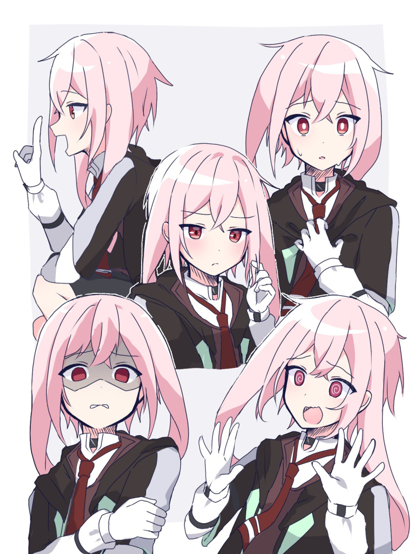 1boy, @_@, ansel_(arknights), arknights, black_jacket, blush, border, brown_vest, closed_mouth, commentary_request, crossed_bangs, disgust, gloves, grey_background, hand_in_own_hair, hand_on_own_arm, hand_up, highres, index_finger_raised, jacket, long_hair, long_sleeves, looking_ahead, looking_at_viewer, male_focus, multiple_expressions, multiple_views, necktie, nervous, no_(gesture), no_pupils, open_mouth, outside_border, parted_lips, pink_eyes, pink_hair, profile, red_eyes, red_necktie, sakusan_kurozu, shaded_face, shirt, smile, split_mouth, sweatdrop, vest, white_border, white_gloves, white_shirt