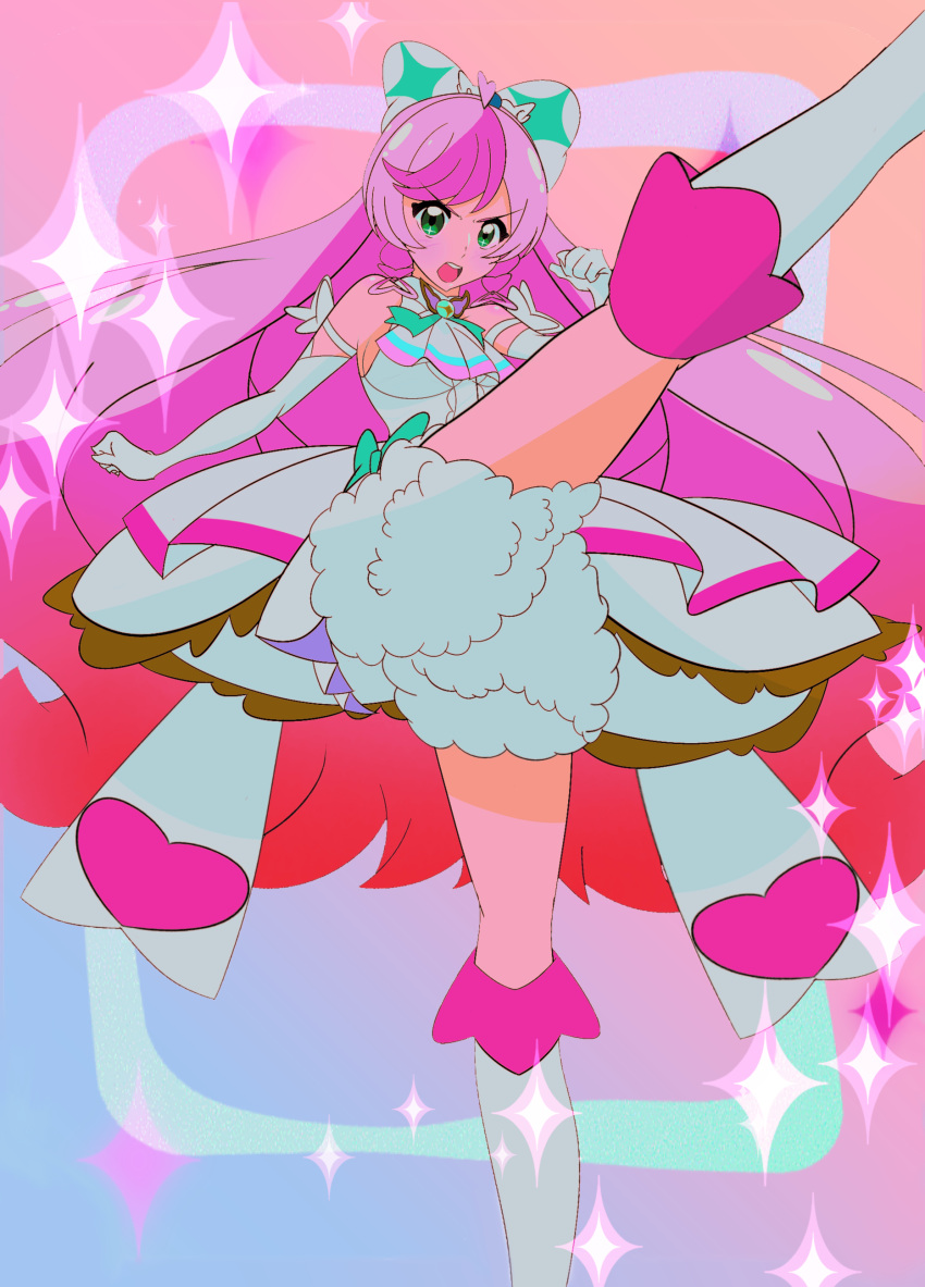 1girl, absurdres, ascot, axe_kick, bloomers, blue_bow, boots, bow
