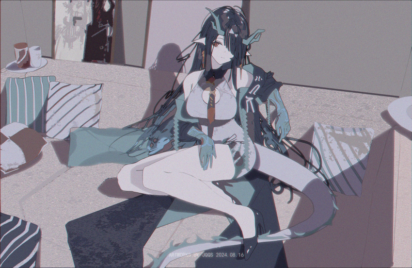 1girl, arknights, black_hair, black_jacket, colored_extremities, colored_skin, dragon_girl, dragon_horns