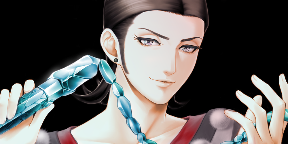1boy, androgynous, black_background, black_hair, black_shirt, collarbone, commentary_request, dragon_quest, dragon_quest_xi, earrings, grey_eyes, hair_slicked_back, holding, holding_weapon, holding_whip, jewelry, looking_at_viewer, male_focus, okechinchin, parted_hair, red_shirt, shirt, short_hair, solo, stud_earrings, sylvia_(dq11), upper_body, weapon, whip