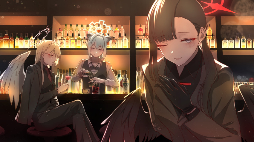 3girls, ;d, absurdres, alcohol, alternate_costume, alternate_hairstyle, angel_wings, animal_ears