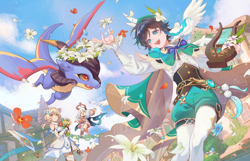 1boy, 1other, 2girls, aqua_eyes, aqua_hair, aqua_shorts, bird, black_hair