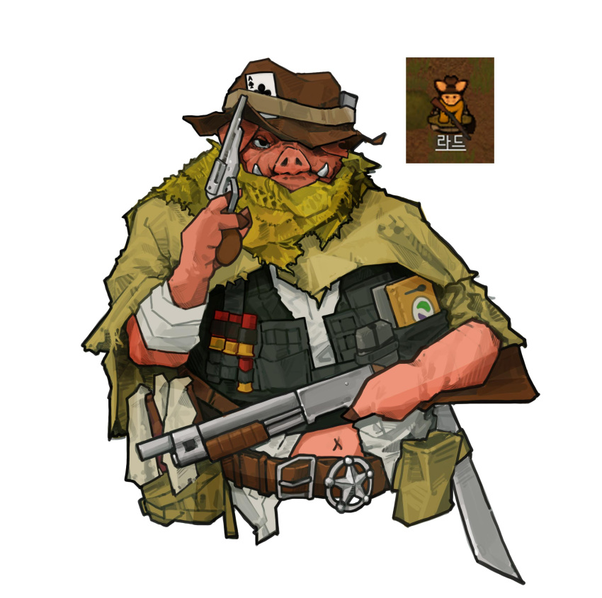 ammunition_pouch, animal_ears, bad_link, cmyk-kim, gun, highres, machete, pawn_(rimworld), pig_boy, pig_ears, pouch, revolver, rimworld, sheriff_badge, shotgun, weapon