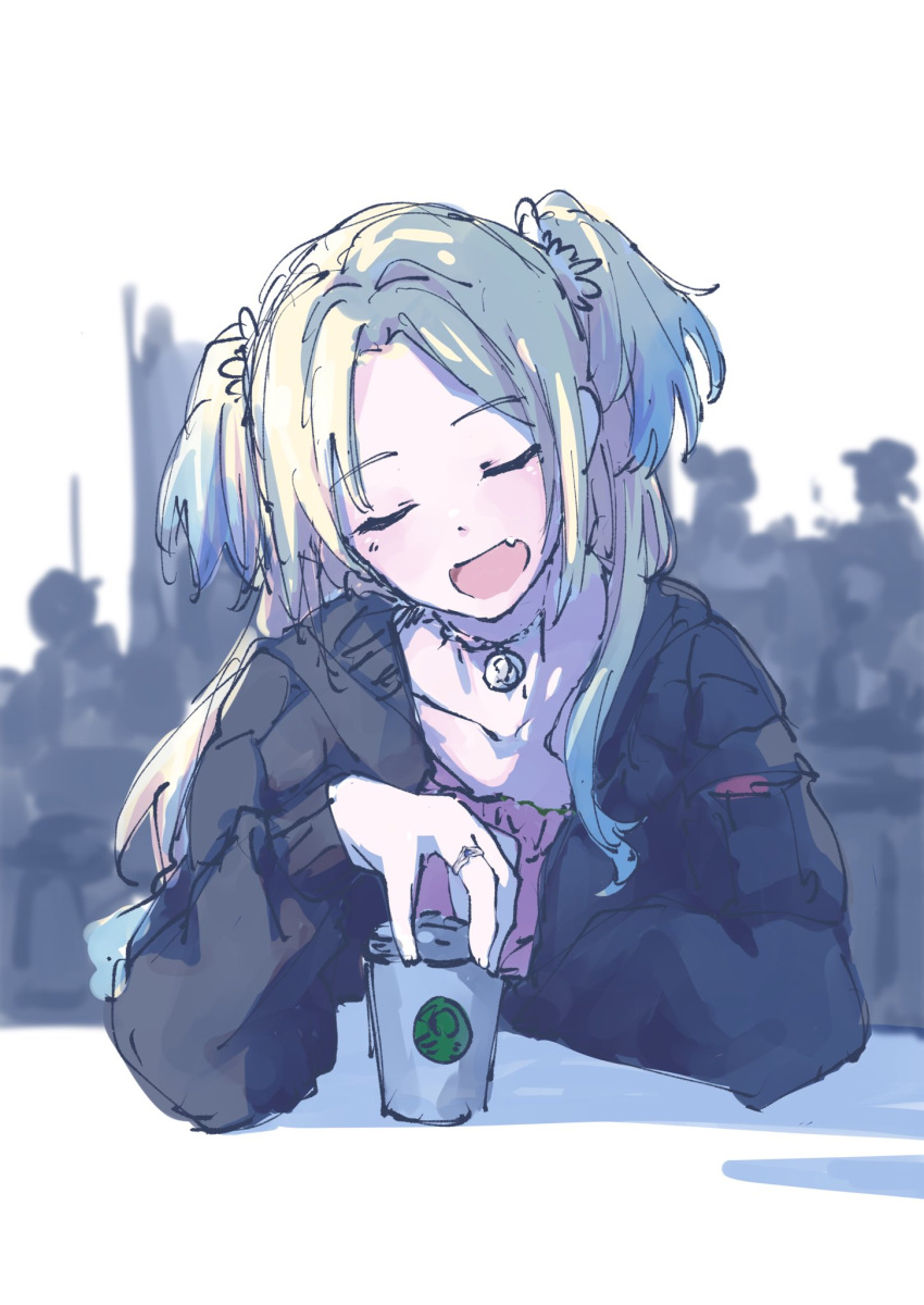 1girl, :d, black_jacket, blonde_hair, blue_hair, closed_eyes, collarbone, cup