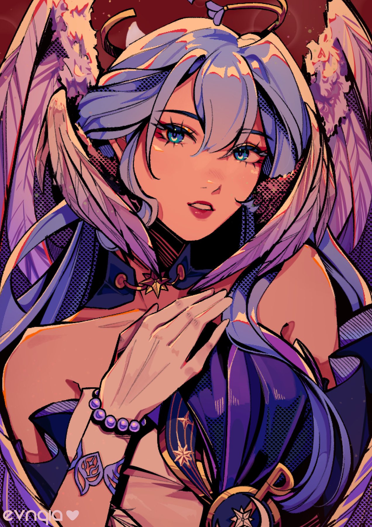 1girl, artist_name, bare_shoulders, bead_bracelet, beads, blue_eyes, bracelet, clip_studio_paint_(medium), commentary, dress, english_commentary, evnqia, feathered_wings, hand_on_own_chest, head_wings, highres, honkai:_star_rail, honkai_(series), jewelry, parted_lips, pink_lips, purple_dress, purple_hair, robin_(honkai:_star_rail), solo, strapless, strapless_dress, upper_body, wings