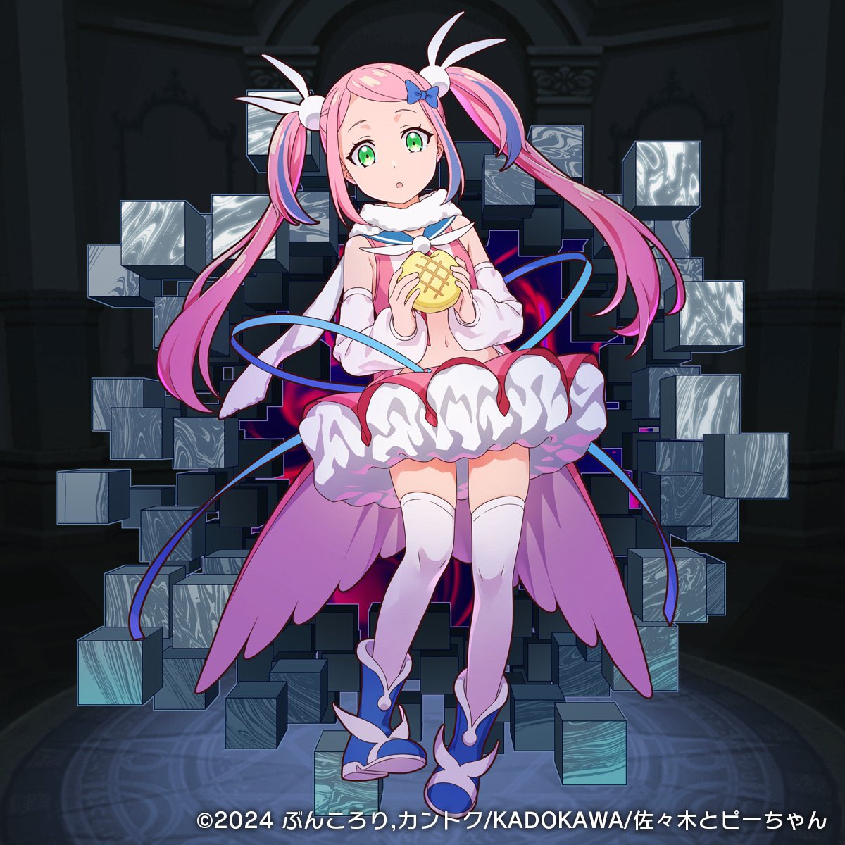 blue_bow, blue_bowtie, bow, bowtie, detached_sleeves, frilled_skirt, frills, green_eyes