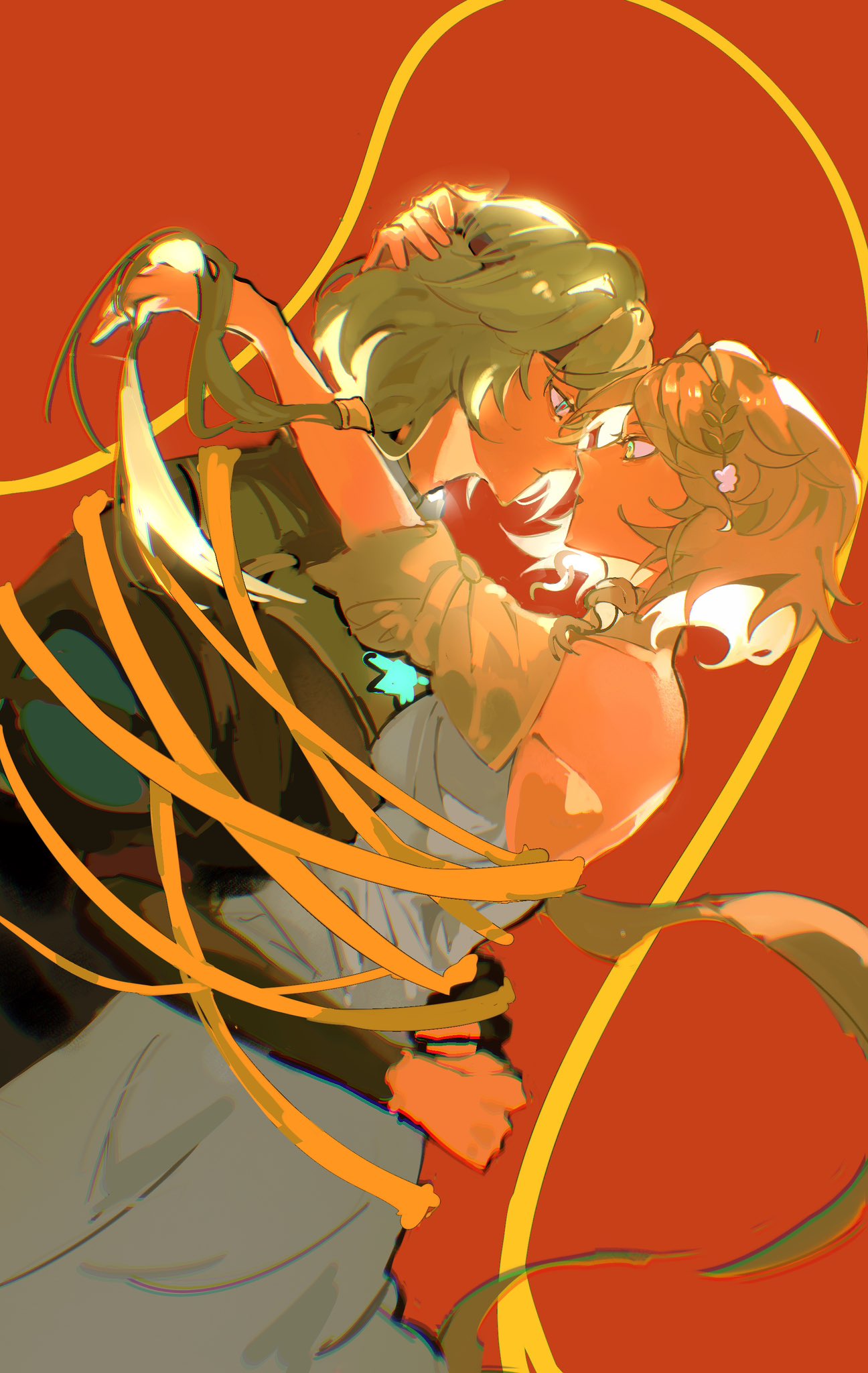 1boy, 1girl, aglaea_(honkai:_star_rail), anaxa_(honkai:_star_rail), black_jacket, blonde_hair, bound_together, dress
