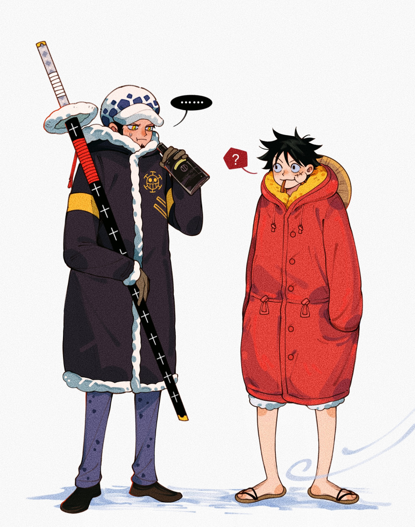 ..., 2boys, :t, ?, absurdres, black_coat, black_eyes, black_hair