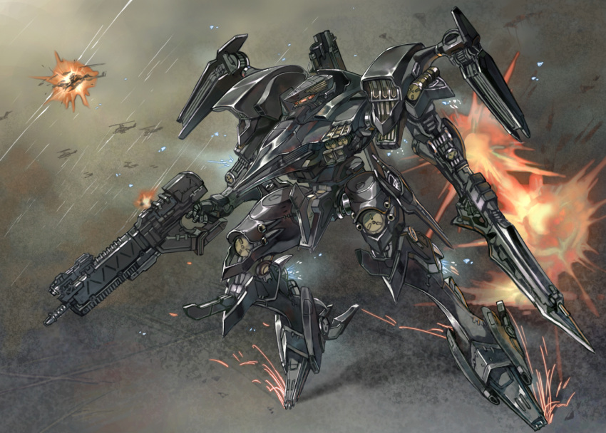 armored_core_4, assault_rifle, battle, berlioz, blade, destruction, explosion, gun, helicopter, mecha, rifle, sparks, supplice, touge36?, touge36ã¢â€˜â¨, touge_(kubiwa_tsuki), weapon