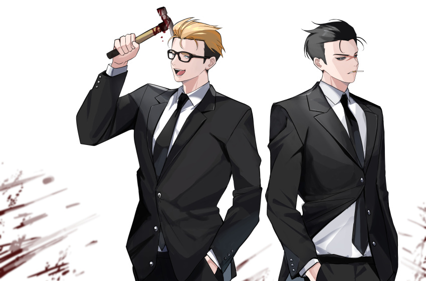 2boys, :o, absurdres, black_necktie, black_sclera, black_suit, blonde_hair, blood