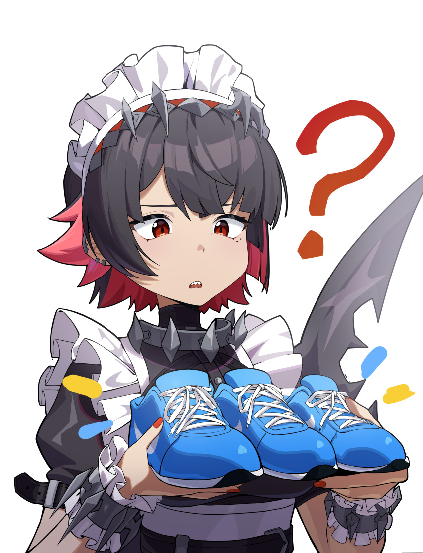 1girl, ?, absurdres, black_hair, blue_shoes, colored_inner_hair, commentary_request, ellen_joe