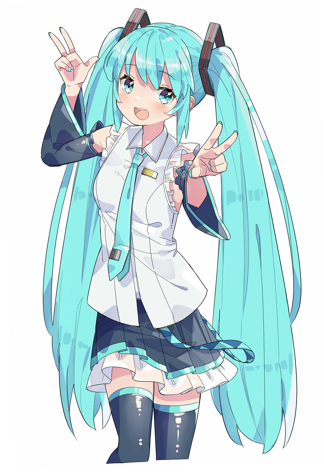 1girl, aqua_eyes, aqua_hair, aqua_nails, aqua_necktie, bare_shoulders, black_skirt, black_sleeves