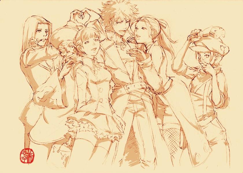 2girls, 4boys, alice_elliot, fishnets, flower, greyscale, halley_brancket, hat