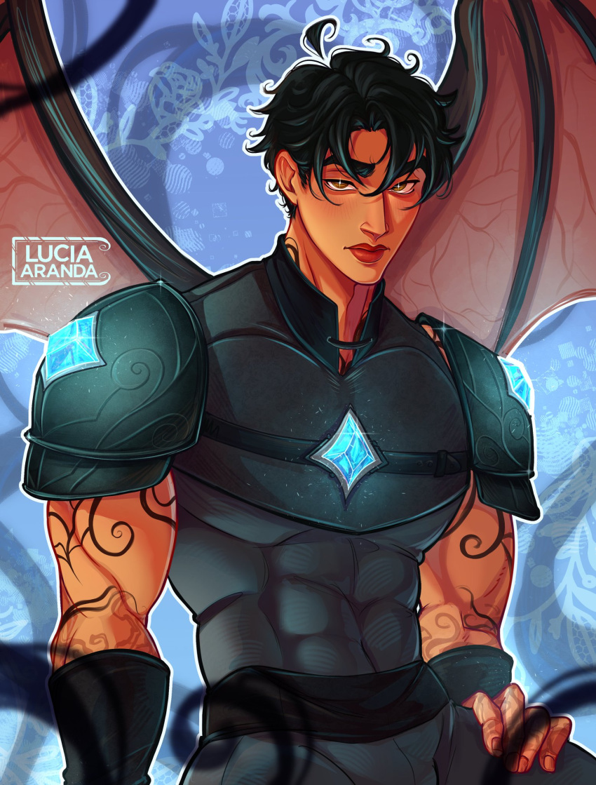 1boy, a_court_of_thorns_and_roses_(series), abs, arm_tattoo, armor, artist_logo, artist_name, azriel_(acotar)