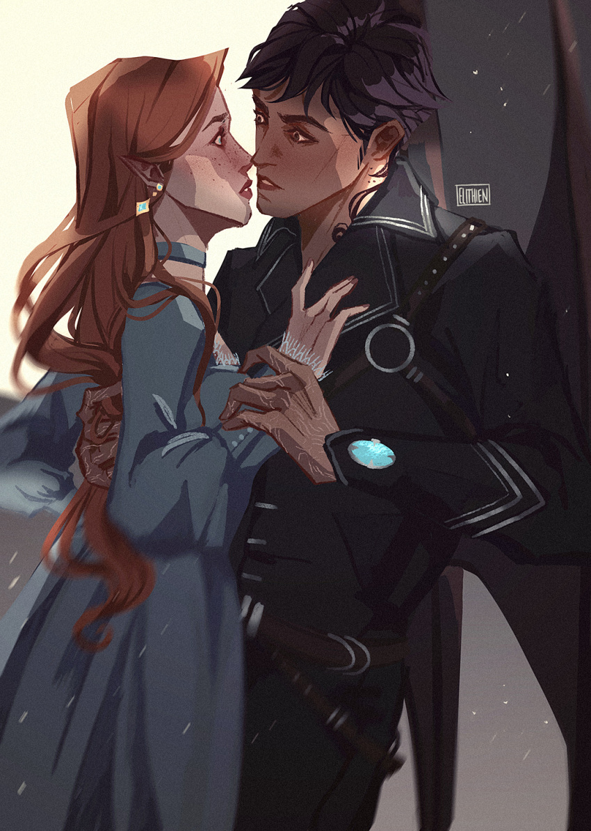 1boy, 1girl, a_court_of_thorns_and_roses_(series), armor, artist_logo, artist_name, azriel_(acotar), bat_wings