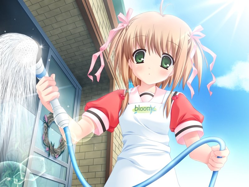 :o, ahoge, alcot_(company), apron, blush, bow, brown_hair, fairchild