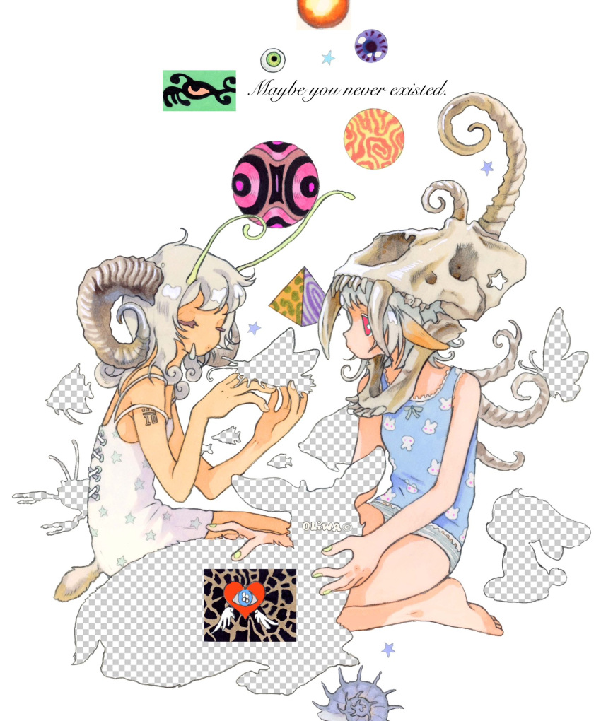 2girls, animal_skull, antennae, bone, bug, closed_eyes, english_text, eyeball, fish, highres, horns, long_hair, multiple_girls, oliwa, original, pointy_ears, pyramid_(geometry), red_eyes, seashell, shell, short_hair, white_background, white_hair