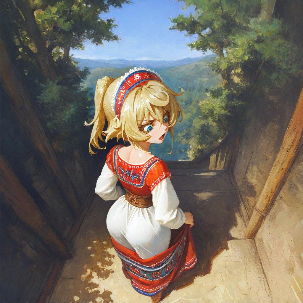 1girl, adal, ai-generated, angry, ass, asymmetrical_bangs, blonde_hair, blue_eyes, blue_sky, buck_teeth, cliff, clouds, curvy, day, forest, from_above, from_behind, full_body, hair_between_eyes, hair_ornament, headband, huge_ass, landscape, lifting_own_clothes, long_eyelashes, long_sleeves, looking_back, looking_down, medium_hair, mountain, mountainous_horizon, nape, narrow_waist, nature, open_mouth, outdoors, ponytail, scenery, scowl, sky, slavic_clothes, solo, stable_diffusion, standing, tanya_degurechaff, teeth, tight_clothes, tongue, traditional_dress, tree, v-shaped_eyebrows, wide_hips, youjo_senki